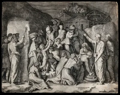 Moses brings forth water with his rod; his people gather the manna dropped from heaven and carry it away