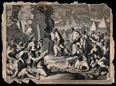 Moses draws water from the rock, and the Israelites quench their thirst