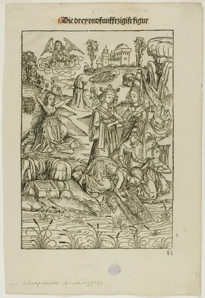 Moses Found by Pharaoh's Daughter (recto) and Judas's Betrayal (verso), pages 53 and 54, from the Treasury (Schatzbehalter)