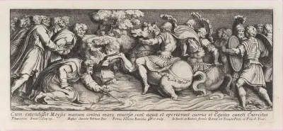 Moses parting the Red Sea as the Pharoah's army drowns, after Raphael's Stanza di Eliodoro, from a series of 15 plates, depicting Raphael's works for the Vatican stanze and the Sistine Chapel tapestries