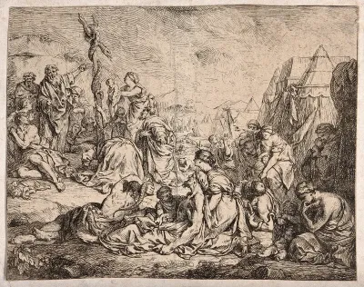 Moses points to the brazen serpent while his people carry their wounded towards it