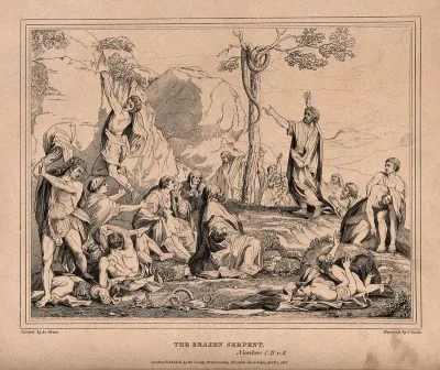 Moses points to the brazen serpent while his people writhe on the ground, besieged by fiery serpents