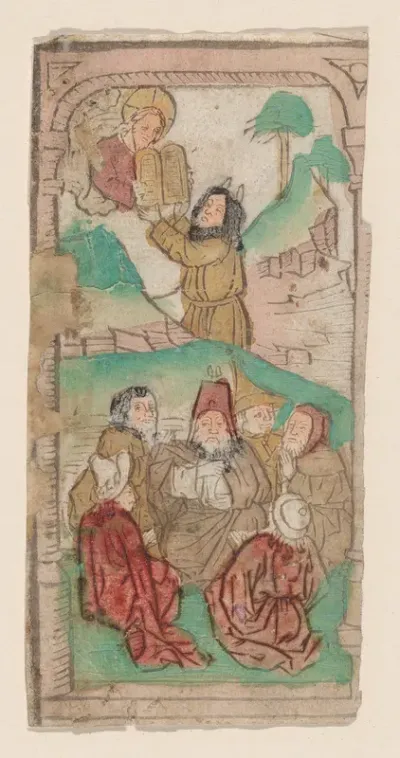 Moses Receiving the Law, illustration from a "Biblia Pauperum" blockbook, fourth edition