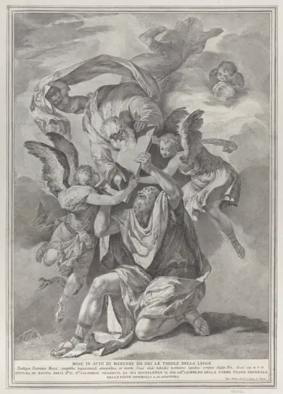 Moses receiving the Tablets of the Law from God who descends from the heavens; from the series of 112 prints of the sacred history, after the painting by Mattia Preti