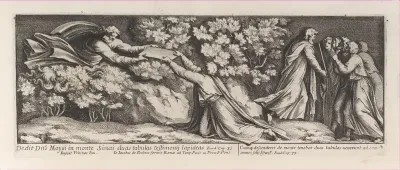 Moses receiving the tablets of the law on Mount Sinai, after Raphael's Stanza di Eliodoro, from a series of 15 plates, depicting Raphael's works for the Vatican stanze and the Sistine Chapel tapestries