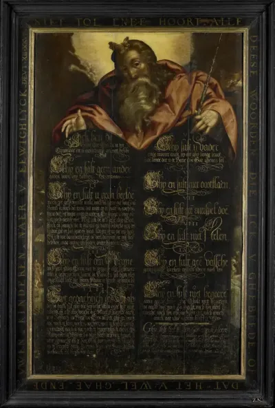 Moses showing the Tables of the Law with the Ten Commandments in Calligraphy