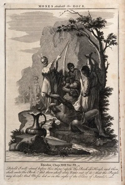 Moses strikes a rock and water pours forth in abundance