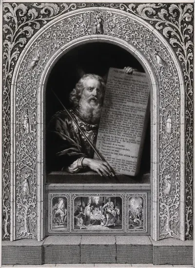Moses, with his rod and the table of the ten commandments; with scenes from the Passion and the Last Judgement to come