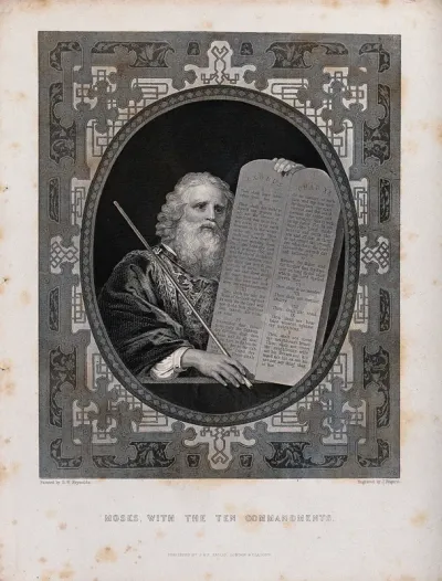 Moses, with his rod and the table of the ten commandments