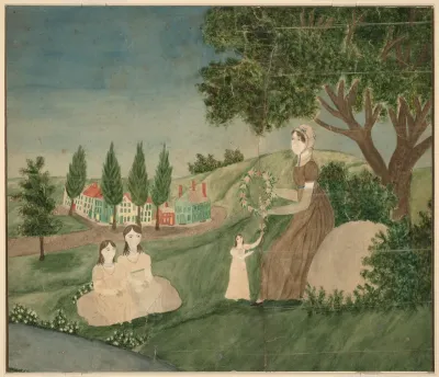 Mother and Three Children Making a Floral Wreath