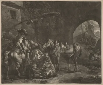 Mother with Two Children  and a Horse in Front of an Inn