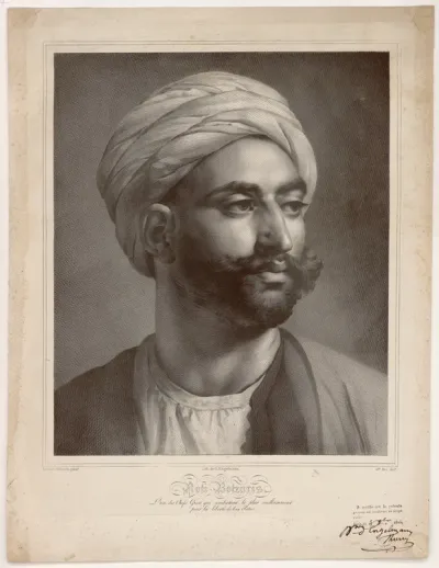 Moti-Botzaris. L'un des chefs grecs qui combattent le plus vaillamment pour la liberté de leur Patrie. Girodet-Trioson pinxt. Lith de Engelmann. Mlle Bes delt.
