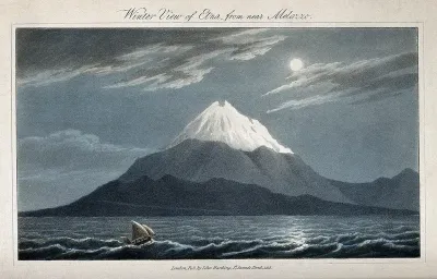 Mount Etna, snow-capped, by moonlight