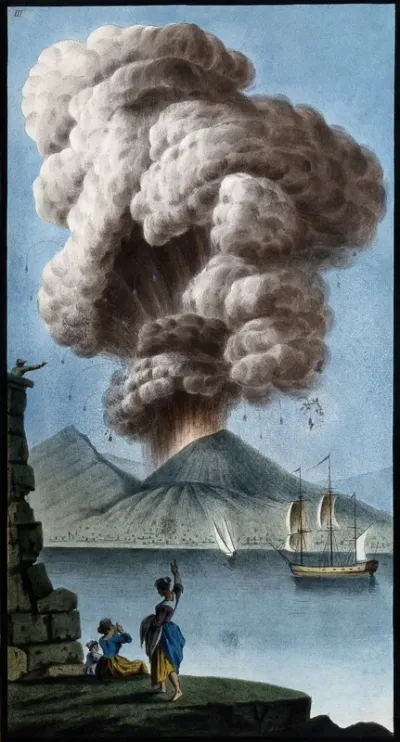 Mount Vesuvius emitting a column of smoke after its eruption on 8 August 1779
