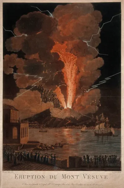 Mount Vesuvius erupting at night, billowing clouds and flashes of lightning, and with many spectators viewing the event across the bay of Naples
