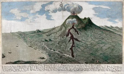 Mount Vesuvius erupting: view from the south, with surrounding countryside and coastline