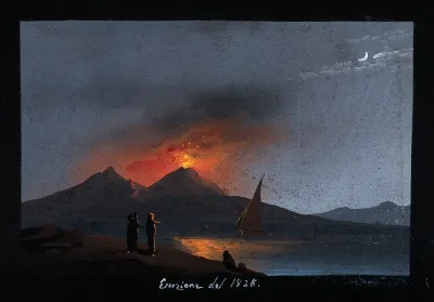 Mount Vesuvius in eruption at night, showing the Bay of Naples in the foreground with a sailing boat, and spectators on the opposite shore