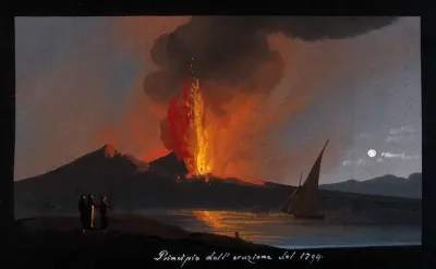 Mount Vesuvius in eruption at night, with smoke, fire, and lava, over the Bay of Naples