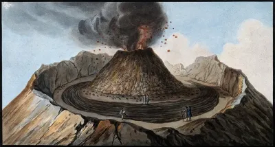 Mount Vesuvius: interior of the crater showing the little mountain inside it, with spectators
