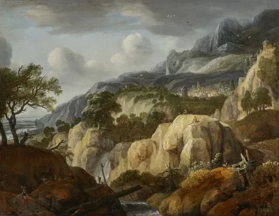 Mountain landscape with a draughtsman