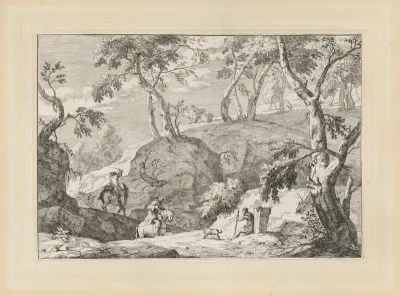 Mountain landscape with men on horseback and a seated man with a dog