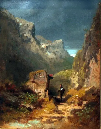 Mountain landscape with shrine on a rock