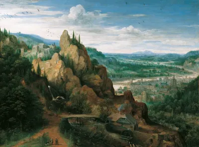 Mountain Landscape with Waterfall and Mill