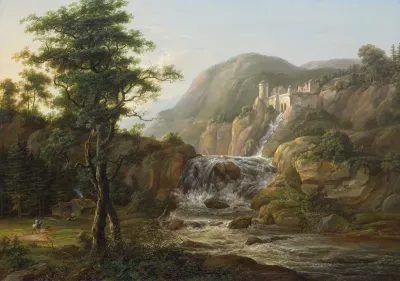 Mountain landscape with waterfall, castle and traveler on horseback in front of a hut