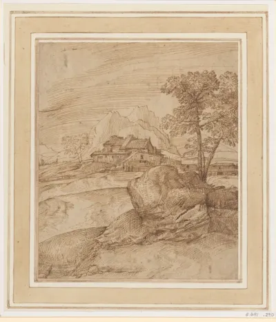 Mountainous Landscape with a Rock, Trees, and Buildings