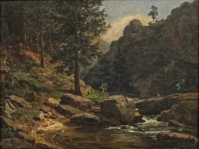 Mountainous Landscape with Anglers / Romantic Harz landscape with fishermen at a stream