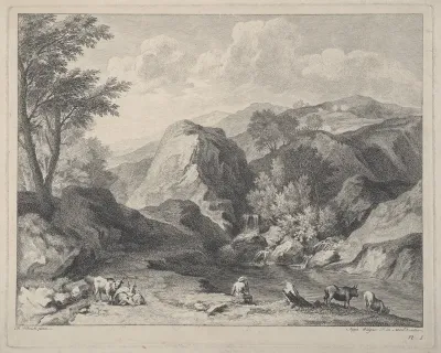 Mountainous landscape with herdsmen and cows