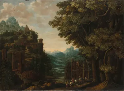 Mountainous Landscape with River Valley and Castles