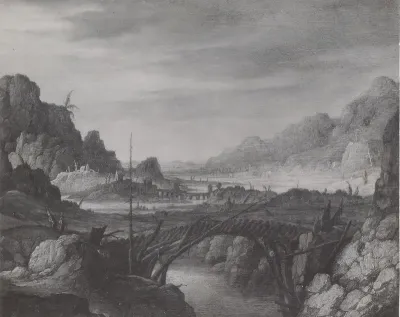 Mountainous river landscape with a wooden bridge