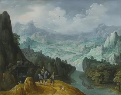 Mountainous river landscape with travelers
