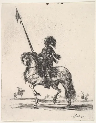 Mounted cuirassier holding a lance upright and riding towards left, other horsemen in the background, from "Various cavalry exercises" (Diverses exercices de cavalerie)