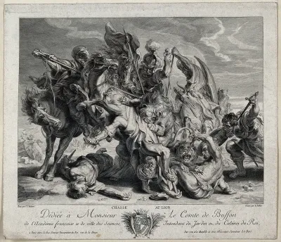 Mounted horsemen and soldiers in antique armour battling with a group of lions