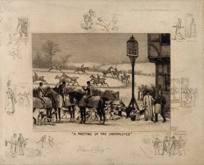 Mounted huntsmen and their dogs are gathering and warming up outside a pub in a wintry countryside; vignettes show pastimes in winter, such as kissing under a mistletoe