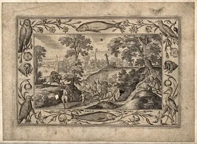 Mounted huntsmen and their dogs chasing a stag down a narrow path in a forest