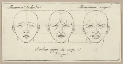 Mouvement de douleur, Douleur aigue de corps et d'Esprit, Mouvement composé, from "Caractères des passions, gravés sur les desseins de l'illustre Monsieur le Brun"