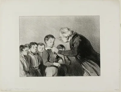 “- Mr. Alfred Cabassol! You are the only one in the class who succeeded to get through the entire week without blowing your nose into your sleeve. Please stand to receive this prize of honour for cleanliness,” plate 6 from Professeurs Et Moutards