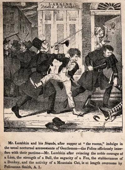 Mr. Lambkin and friends in court before a magistrate for being drunken and disorderly. Lithograph by G. Cruikshank