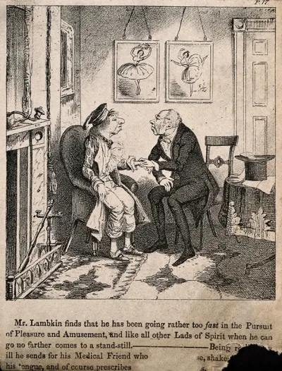 Mr. Lambkin at home ill from overindulgence being visited by a doctor friend. Lithograph by G. Cruikshank