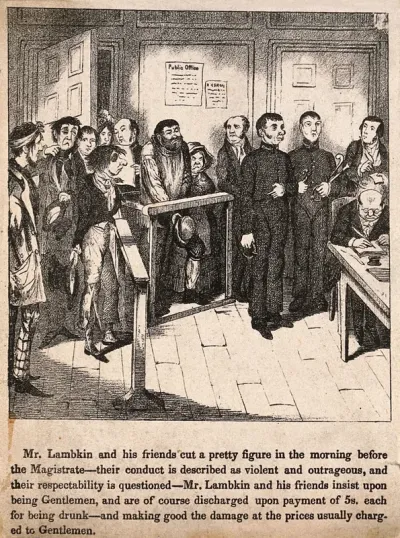 Mr. Lambkin behaving in a drunken and disorderly manner resulting in being restrained and arrested by a policeman. Lithograph by G. Cruikshank