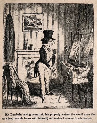 Mr. Lambkin dressing up in front of a mirror. Lithograph by G. Cruikshank