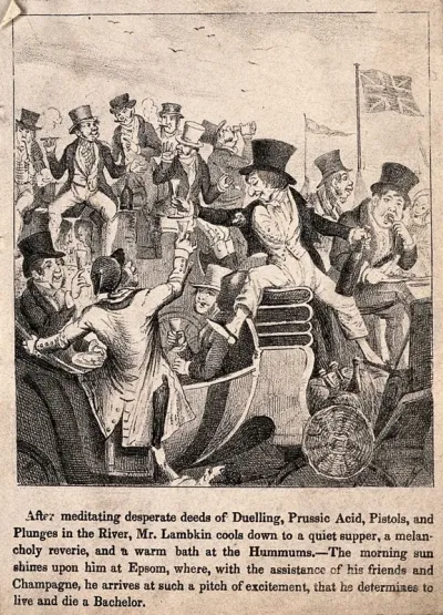 Mr. Lambkin drunk on champagne sitting in a carriage at Epsom with lots of other drunken bachelors. Lithograph by G. Cruikshank
