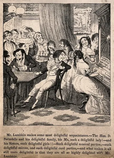 Mr. Lambkin drunkenly dancing the polka and knocking over a tray of coffee, while his loved one looks on in a dismayed manner. Lithograph by G. Cruikshank