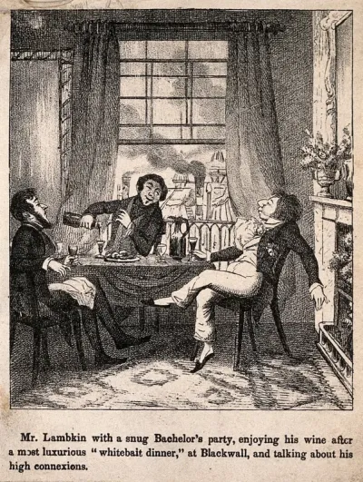 Mr. Lambkin enjoying some wine in the company of friends. Lithograph by G. Cruikshank