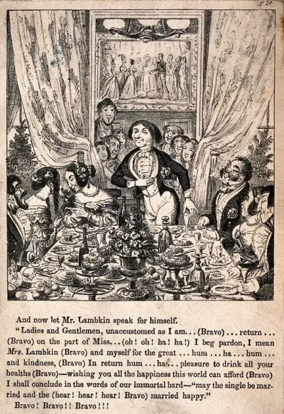 Mr. Lambkin giving a speech at his wedding reception. Lithograph by G. Cruikshank