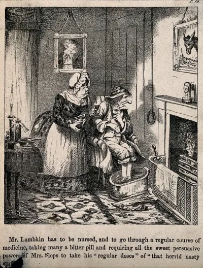 Mr. Lambkin ill with his feet in warm water being nursed by Mrs. Slops. Lithograph by G. Cruikshank
