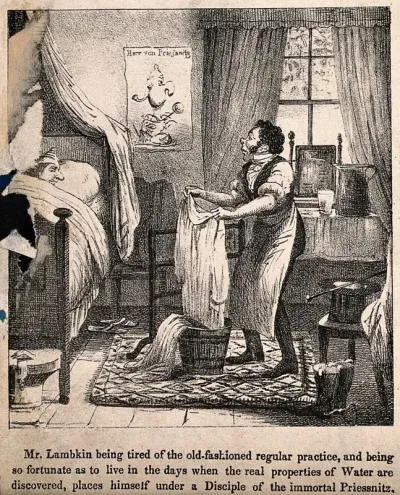 Mr. Lambkin in bed undergoing hydrotherapy with a follower of V. Priessnitz. Lithograph by G. Cruikshank